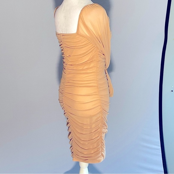 Fashion Sz Sm, Sheer Mesh, Nude, Ruched Long Sleeve Dress, Deep Square Neckline - Picture 5 of 16